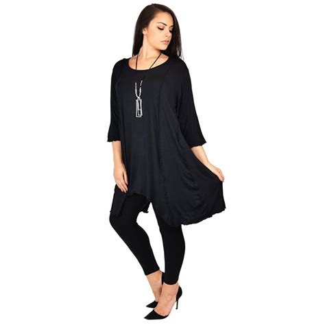 Women Plus Size Asymmetrical Fishtail Tunic Top Wside Pockets Black