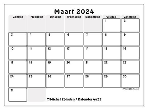 Kalender Maart 2024 Om Af Te Drukken “44zz” Michel Zbinden Nl