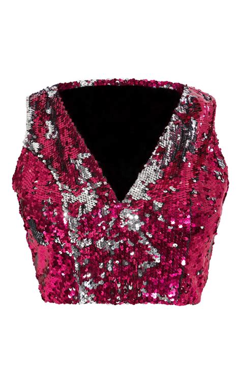 Crop Top En Sequins Rose Flashy Tops Prettylittlething Fr