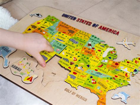 Usa Map Puzzle Wooden Puzzle For Kids Montessori Toy Etsy