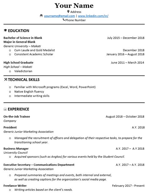 sample resume  fresh graduate  filipino guide