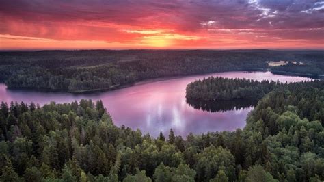 Landscape With Sunrise And Lake At Summer In National Park Aulanko