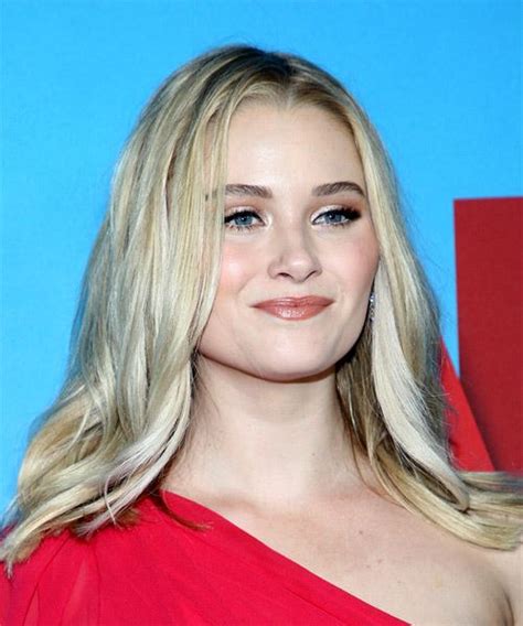 Virginia Gardner Long Straight Light Blonde And Light Brunette Two Tone Hairstyle With Layered Bangs