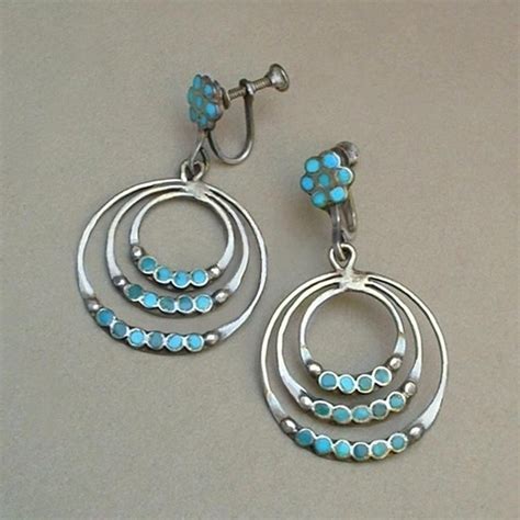 Dishta Sterling Silver Turquoise Vintage Zuni Earrings Triple Hoop