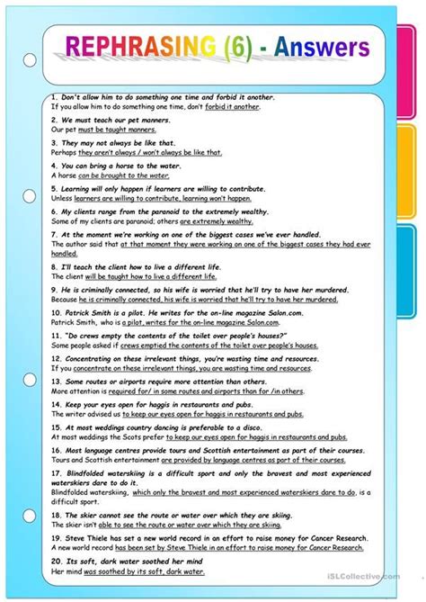 Rephrasing 6 Key Included English Esl Worksheets For Distance