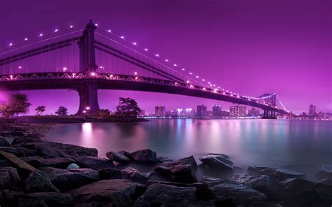 Manhattan Brooklyn Purple Sea River Bridge Cityscape Night Rock