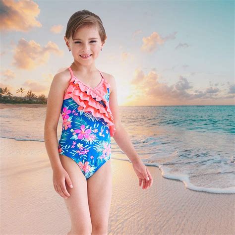 Girls One Piece Swimsuits Hawaiian Ruffle Swimwear Beach Blue Size 13