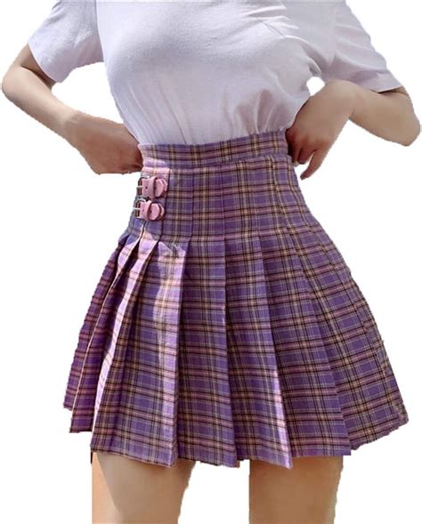 Boxjcnmu Purple Mini Pleated Skirt Women Summer Casual School Plaid