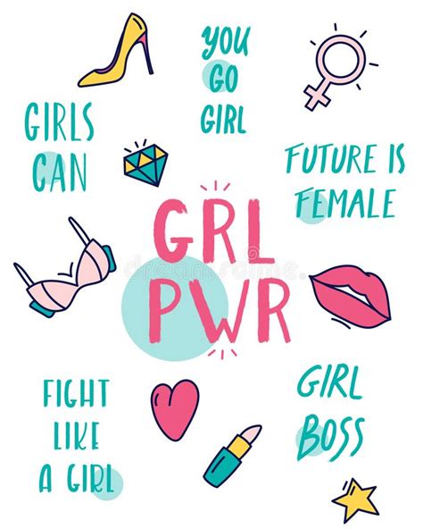 Colored Grl Pwr Girl Power Poster With Different Feminist Symbols Stock Vector Illustration