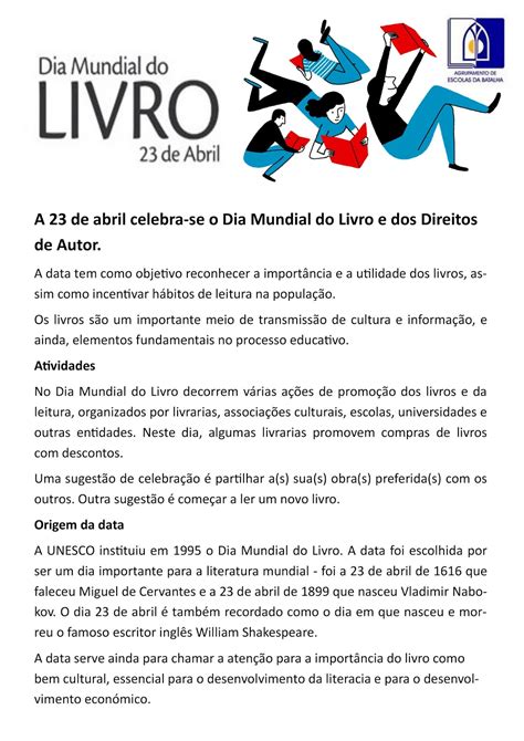 Bibliotecas Escolares Aebatalha Dia Mundial Do Livro De Abril