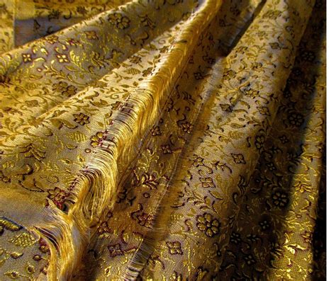 Antique Chinese Silk Brocade Fabric Gold Metallic Flowers And Leaves