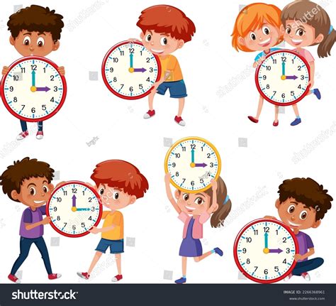 Set Children Cartoon Character Holding Clock Stock Vector Royalty Free