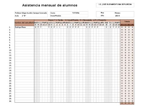 Registro De Asistencia De Alumnos En Excel Pdf