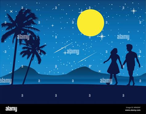 Couple Walk On Beach At Nightromantic Scene Sea Nearby Palm Tree And