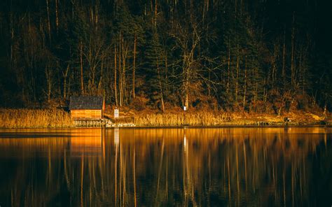 Download Wallpaper 3840x2400 House Lake Reflection Forest 4k Ultra