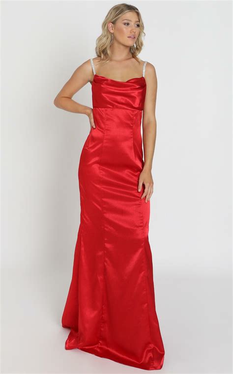 Alysha Diamante Strap Maxi Dress In Red Satin Showpo