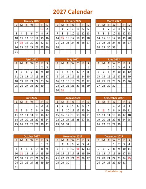 Full Year 2027 Calendar On One Page