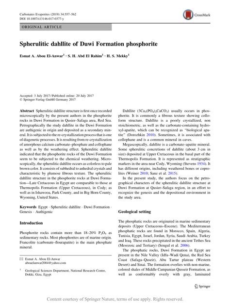 Spherulitic Dahllite Of Duwi Formation Phosphorite Request Pdf