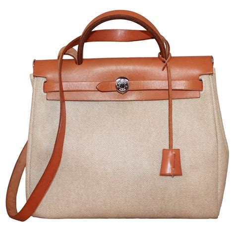 Hermes Gold Leather Tan And Black Canvas Her Bag 31 Cm At 1stdibs
