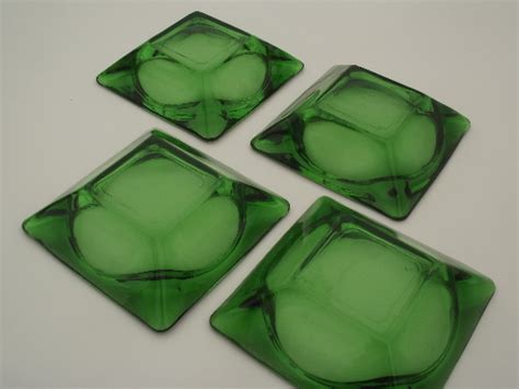 Retro Green Glass Ashtrays Lot Assorted Vintage Square Glass Ash Trays