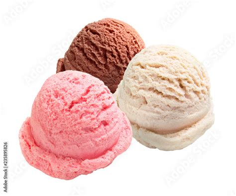 Strawberry Vanilla Chocolate Different Flavor Ice Cream Scoops Side View On White Background
