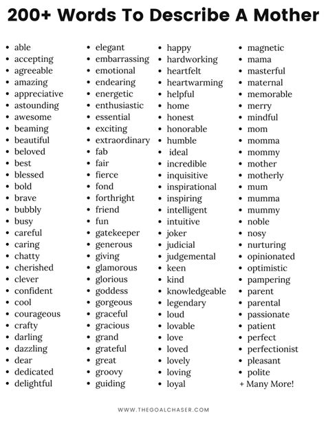 200 Words To Describe A Mother Adjectives For Mothers Words To Describe Someone Describing