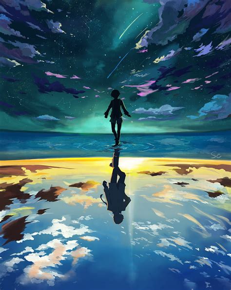 Hd Wallpaper Anime Boy Floating Reflection Water Clouds Sky