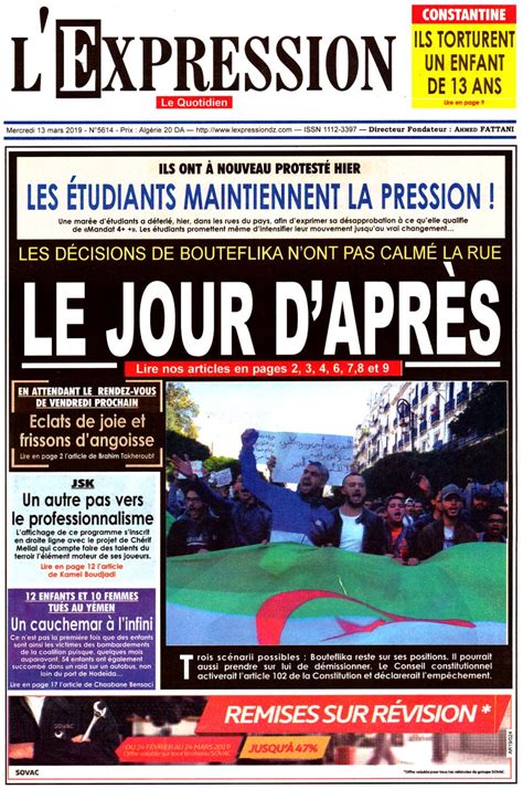 Revue De Presse Les Unes De Vos Journaux Du Mercredi 13 Mars — Tsa