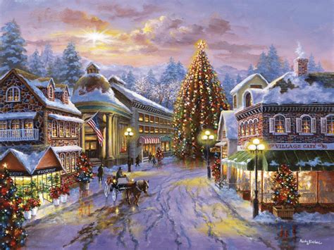 Christmas Eve Country Village Scene Landscape Art Print Wall Art By