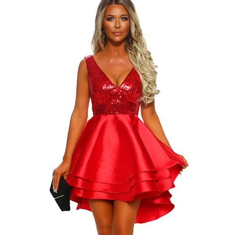 Sexy Red Sequin Dress Women Elegant Glitter Multi Layer Skater Dress