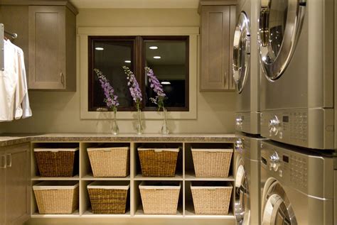 Diy floating shelves in the laundry room. Bright wicker laundry basket in Laundry Room Contemporary ...