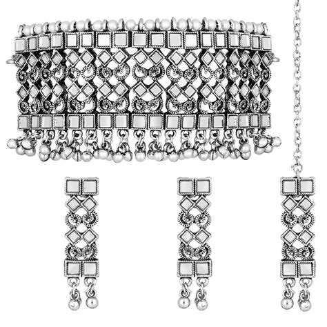 Buy Peora Traditional Silver Plated Choker Necklace With Dangle Earring And Maang Tikka Ethnic