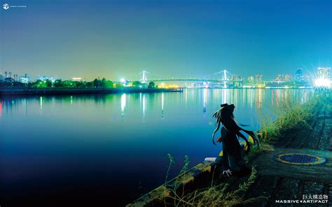 Anime Girl Sea City Light Alone Blue Long Hair Wallpaper 1920x1200