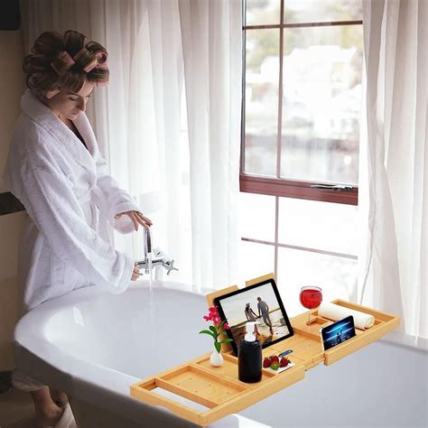 Premium Bathtub Tray Caddy Bath Tray Bamboo Expandable Bath Tub