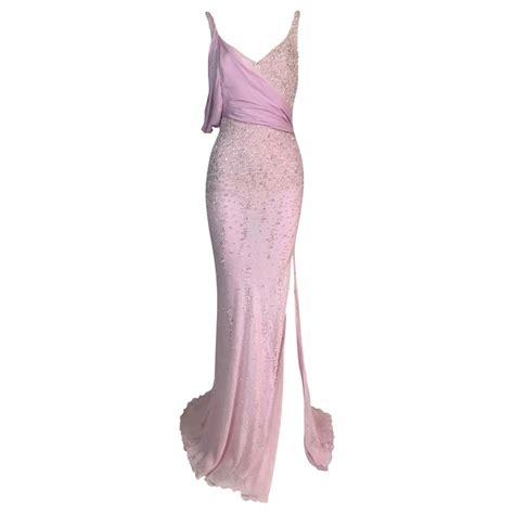 Ss 2005 Atelier Versace Runway Pink Silk Beaded High Slit Gown Dress