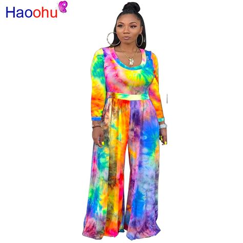 colorful tie dye sexy wide leg jumpsuit women scoop neck high waist one piece overalls causal