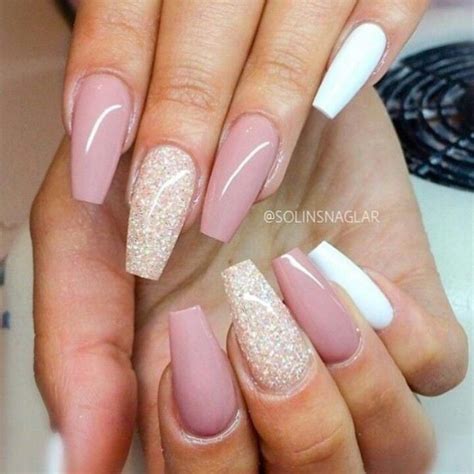 Light Pink And White Squoval Acrylic Nails W Glitter Squovalnails
