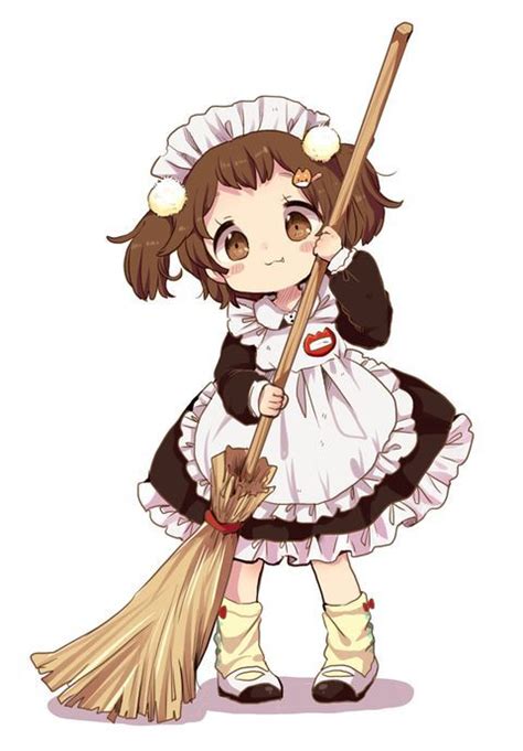 manga chibi maid with broom … brown eyes … two braids anime Đang yêu dễ thương