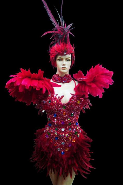 Red Black Feather Showgirl Drag Burlesque Cabaret Costume Shoulder