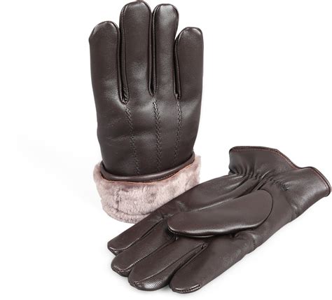 Mens Premium Shearling Sheepskin Fur Lined Leather Gloves Brown