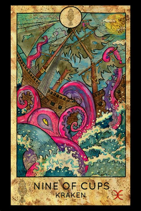 Kraken Nine Of Cups Tarot Card Art Print Poster 12x18 Inch Ebay