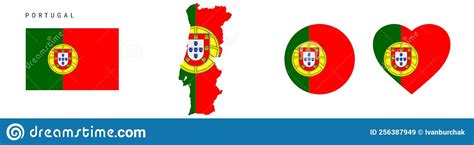 Portugal Flag In Different Shapes Icon Set Flat Vector Illustration