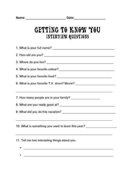 Student Getting To Know You Worksheet