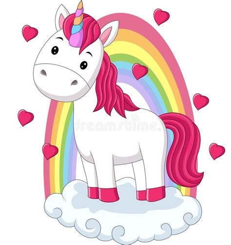 Cartoon Baby Pony Unicorn Standing On Clouds With Rainbow Stock Vector