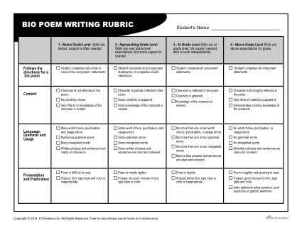 Definition poetry recitation is about conveying a poem's sense with its language. Bio Poem Rubric for Teachers | Bio poems, Poetry rubric ...