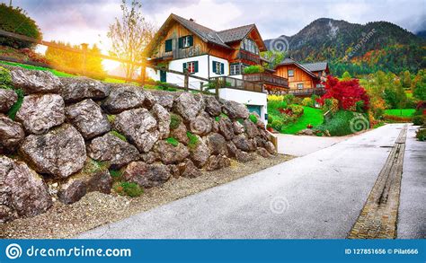 Beautiful Houses In Brauhof Village On The Lake Grundlsee Stock Photo