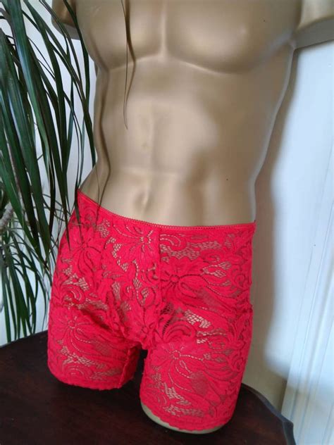 Red Lace Men S Boxer Briefs Sexy Sheer Lingerie For Men Etsy