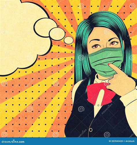 Thoughtful Woman In Face Mask Grunge Pop Art Stock Illustration