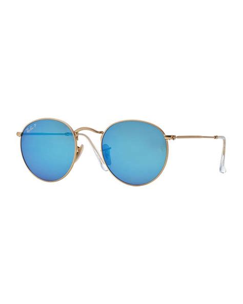 Ray Ban Polarized Round Metal Frame Sunglasses With Blue Mirror Lens In