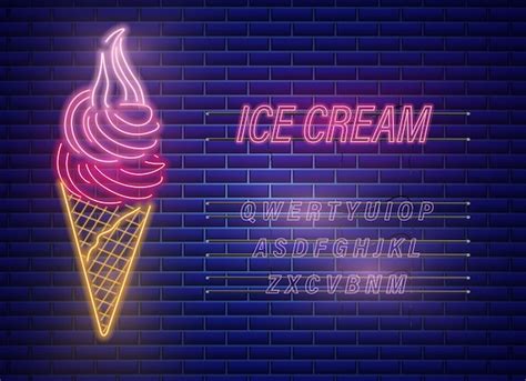 Ice Cream Neon Sign Dessert In Waffle Cone On Brick Wall Background Free Vector